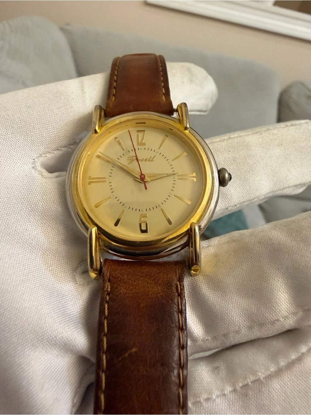 Vintage 90s Fossil RM2514 Watch Two Tone Gold T Bar Lugs Leather New Battery